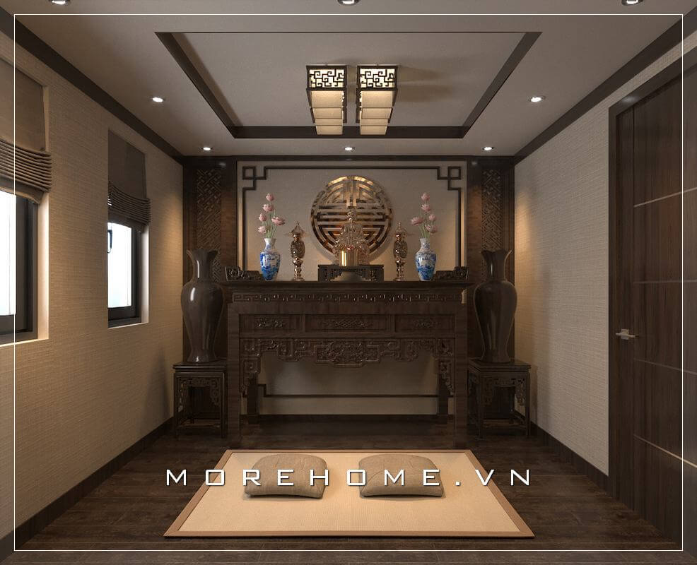 Mẫu thiết kế phòng thờ đẹp với nội thất gỗ tự nhiên tông màu nâu trầm sang trọng đẳng cấp, tạo không gian thờ cúng tôn nghiêm, thanh tịnh